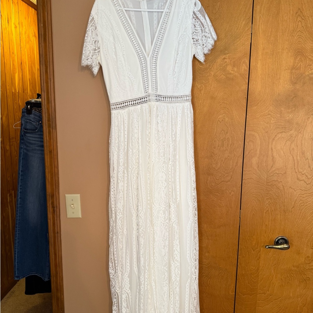 Amazon Essentials White Flutter Sleeve V-Neck Maxi Gown